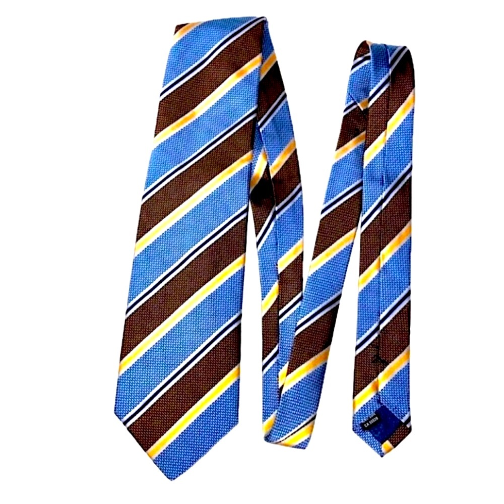 Kolte Italian silk tie, diagonal wide stripes in blue, brown with orange,